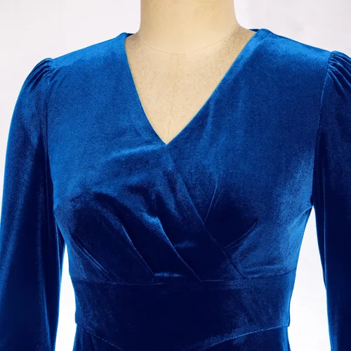 Vista 6 de Belle Poque Vestido de cóctel vintage para mujer, de manga larga, cuello en V, fruncido, con lentejuelas de sirena, vestido midi de terciopelo