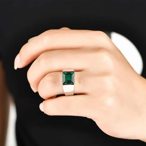 Vista 2 de Anillos de plata de ley con zafiro esmeralda creada para hombres y mujeres, piedra preciosa verde y azul, anillos chapados en oro blanco de 14