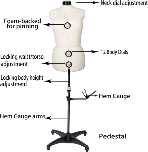 Vista 2 de BHD BEAUTY Maniquí de Costura Ajustable de Tela Femenino Beige con 13 Diales para Coser, Torso Corporal de Maniquí con Soporte Trípode, Altura