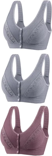 Vista 13 de Glamorette Snap Front Bra Older Women,Snap Front Bra, Sexy Lace Embroidered Bras,Pull-On Front Closure Button Bras 3 unidades de color negro.