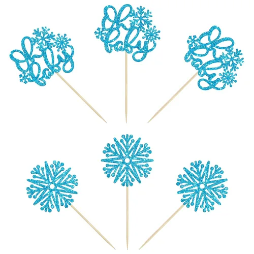 Vista 3 de Gyufise 24 adornos de copos de nieve Oh Baby para cupcakes con purpurina azul, decoración de pastel de baby shower congelado para baby shower