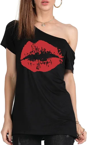 Vista 2 de MAGICMK - Camiseta casual para mujer, con estampado de labios y hombro descubierto, talla extragrande