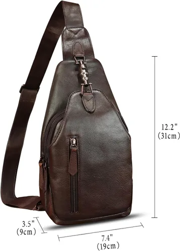 Vista 5 de Bolso de cuero genuino para mujeres y hombres, mochila bandolera de cuero real para el hombro, bolso cruzado en el pecho, Café