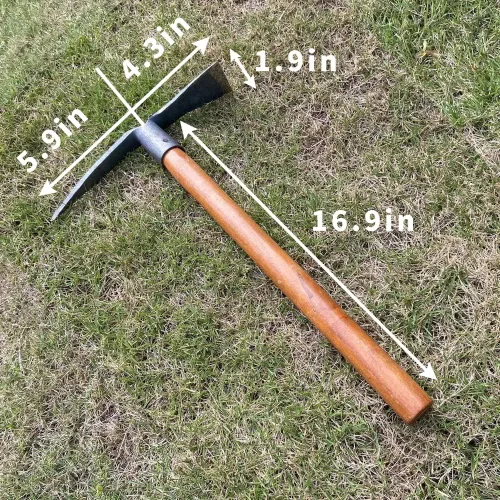 Vista 7 de Juego de 2 palillos de jardín de 19.6 pulgadas, juego de herramientas de azada de mano de 2 puntas, herramienta de jardín con mango de madera