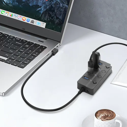 Vista 2 de Divisor de concentrador USB de 90 grados YACSEJAO USB 2.0 Hub de datos con botón LED individual interruptor de encendido/apagado DC5.5 x 2.1 puerto