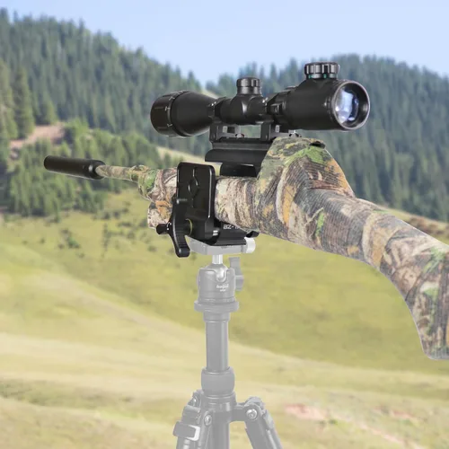 Vista 2 de Soporte para trípode de disparo con abrazadera de rifle de pistola táctica, cabezal de montaje de trípode de aluminio con orificios de tornillo