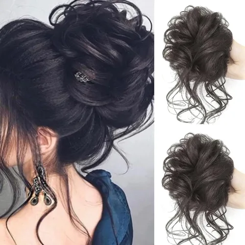 Vista 11 de Tousled Updo - Coleta de cola de caballo con banda elástica para el cabello, extensiones de cabello sintético corto ondulado rizado para mujeres
