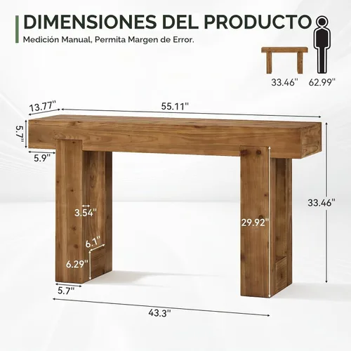 Vista 2 de Mesa consola de madera maciza, mesa de sofá de granja de 55 pulgadas detrás del sofá, consola rectangular con doble base para entrada, pasillo, sala