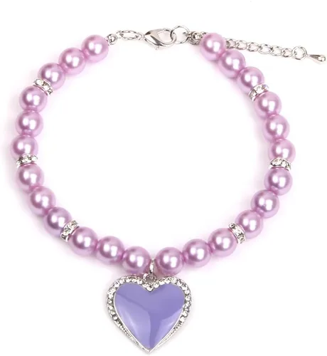 Vista 10 de Collar de perlas de perro y gato con diamantes de imitación, dije de corazón con dije de corazón para mascotas y cachorros (S, rosa)