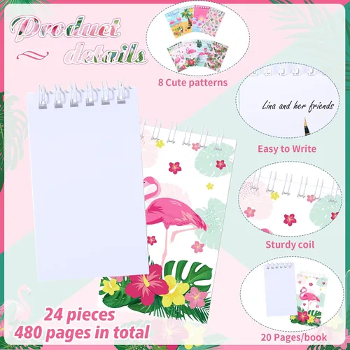 Vista 3 de Faccito 24 piezas de flamenco para fiestas de verano, mini bloc de notas de bolsillo hawaiano, espirales tropicales, Luau, pequeñas notas