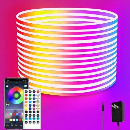 Vista 11 de Cuerda de luces LED de neón de 16.4 pies con aplicación o control remoto, luces LED flexibles, múltiples modos, luces de neón RGB para exteriores