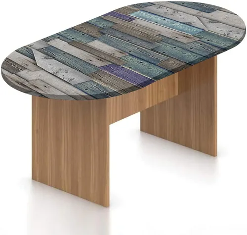 Vista 8 de Mantel ovalado de poliéster elástico de madera, tablones de madera vieja con estampado rural natural, se adapta a mesas ovaladas de hasta 36 x 48
