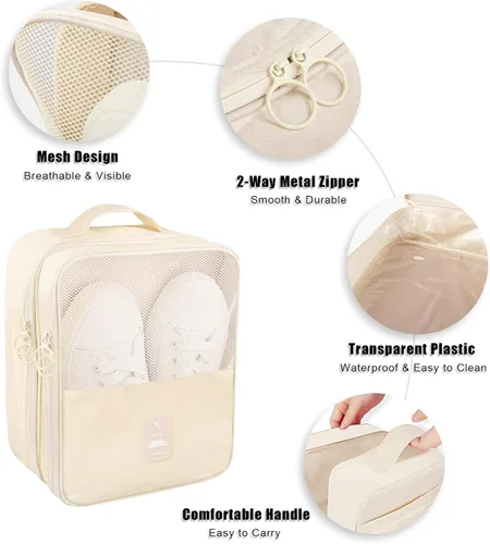Vista 6 de Bolsa organizadora de zapatos de viaje, impermeable, con capacidad para 3 pares de zapatos, cubo de embalaje para maleta, viaje y uso diario, bolsa