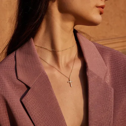 Vista 3 de Valloey Rover Collar de cruz de oro para mujer, collar de cadena chapado en oro de 14 quilates, collar con dije de cruz de oro, collar simple