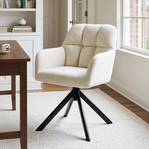 Vista 11 de EALSON Cómoda silla de escritorio de cuero, moderna silla de trabajo para computadora, sin ruedas, silla giratoria con brazo de respaldo medio