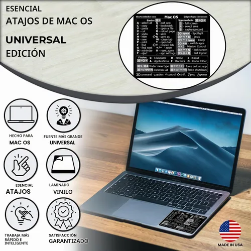 Vista 3 de Synerlogic (Universal/Neo/Air/Pro) Teclado de referencia Mac OS Adhesivo de acceso directo, vinilo laminado - para MacBook/iMac/Mini (negro)