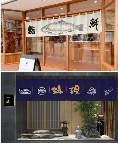 Vista 4 de Cortina de restaurante de estilo japonés para colgar en la puerta, cortina de tela Noren, decoración horizontal para sushi bar, Izakaya, 59 x 15.7