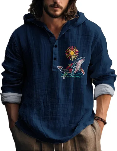 Vista 22 de MARSVOVO Camisa con capucha para hombre, vintage, retro, de 3 botones, manga larga, ligera, ligera, a la moda, casual, para uso diario, primavera