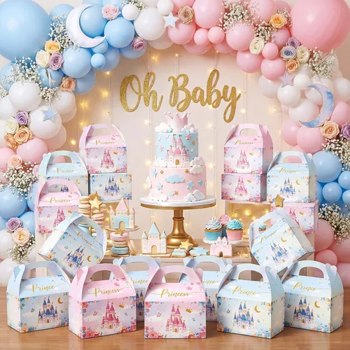 Vista 8 de Caja de regalo Nezyo Princesa y Príncipe - Cajas de regalo de cartón con corona rosa y azul para cumpleaños de niño o niña