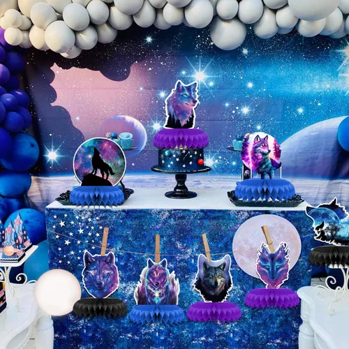 Vista 4 de 8 piezas de decoración de fiesta de cumpleaños de lobo galaxia, cielo estrellado con temática de panal de abeja, centros de mesa 3D de doble cara