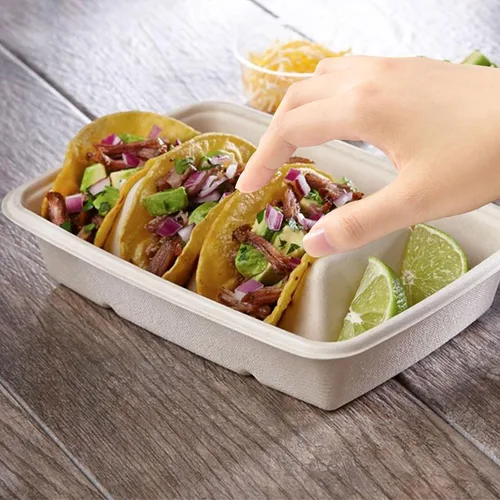 Vista 5 de Paquete de 50 soportes desechables para tacos con tapa para fiestas, platos de tacos de papel premium con divisores, soportes de bandeja de tacos