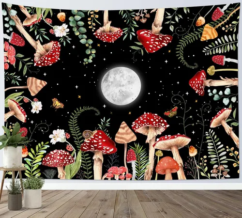 Vista 14 de HVEST Tapiz retro rojo de hongos para colgar en la pared, diseño floral rosa con fresa y mariposa en beige, tapiz para dormitorio, flores, plantas