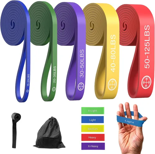 Vista 7 de Bandas de ejercicio, juego de 6 bandas de resistencia para entrenar, juego de bandas de dominadas, equipo de entrenamiento en casa, guía