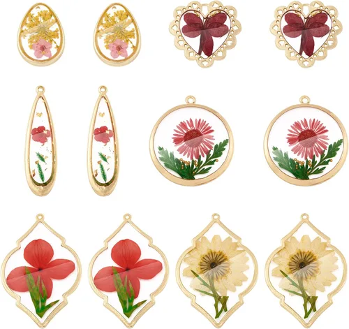 Vista 11 de Dijes de resina de flores secas, corazón redondo, lágrima, rombo, rectángulo, resina epoxi, aretes para manualidades, collares, pulseras