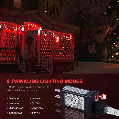 Vista 3 de Woohaha - Luces de red de Navidad para exteriores, 9.8 x 6.6 pies, 192 luces LED de hadas con 8 modos de iluminación, luz conectable para arbustos
