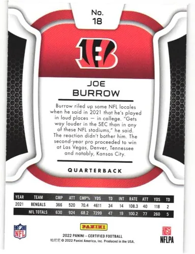 Vista 2 de JOE BURROW 2022 Panini Certified #18 Football Card Cincinnati Bengals