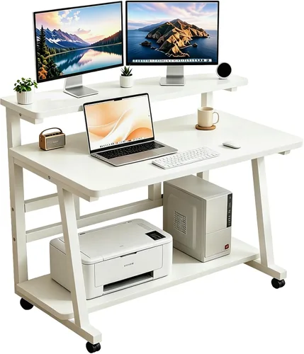 Vista 12 de Escritorio compacto de 31.5 pulgadas para computadora con mesa de trabajo de niveles y ruedas con bloqueo, escritorio pequeño para dormitorio