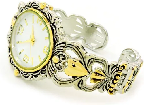 Vista 2 de 2Tone Metal Decorado Gran Cara Ovalada Mujer Brazalete Brazalete Reloj, plateado, Contemporáneo
