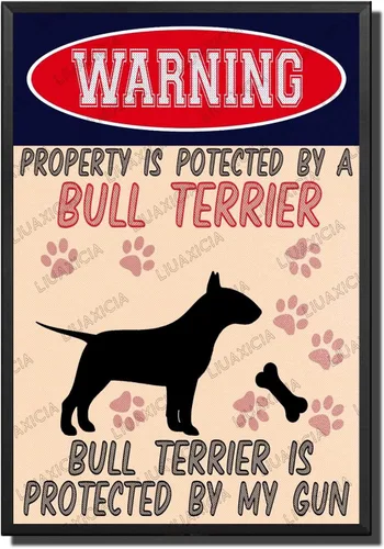 Vista 24 de LIUAXICIA Letreros divertidos de metal con texto en inglés "Warning Property is Potected by A American Bulldog is Protected by My Gun" The Coffee