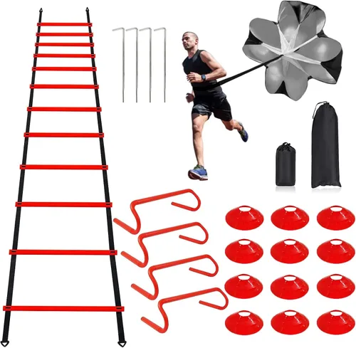Vista 9 de YEXEXINM Escalera de agilidad profesional de entrenamiento de velocidad, escalera de agilidad de 20 pies, 12 conos de fútbol, 4 obstáculos