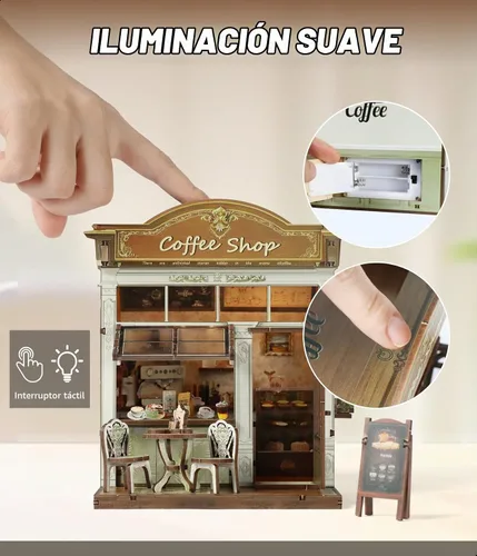Vista 3 de Kit de rincón de libros DIY Cafetería Casa en miniatura Rompecabezas de madera 3D con luz LED, decoración de estantería pequeña kit de construcción