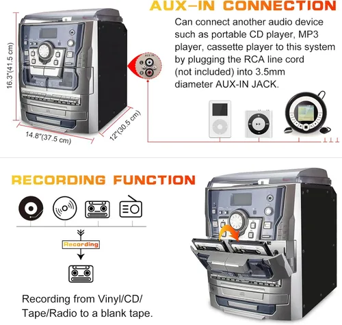 Vista 6 de Reproductor de Discos de Vinilo Estéreo Bluetooth, Sistema de Música Tocadiscos Estéreo de 3 Velocidades con Reproductor de CD, Platina de Cassette