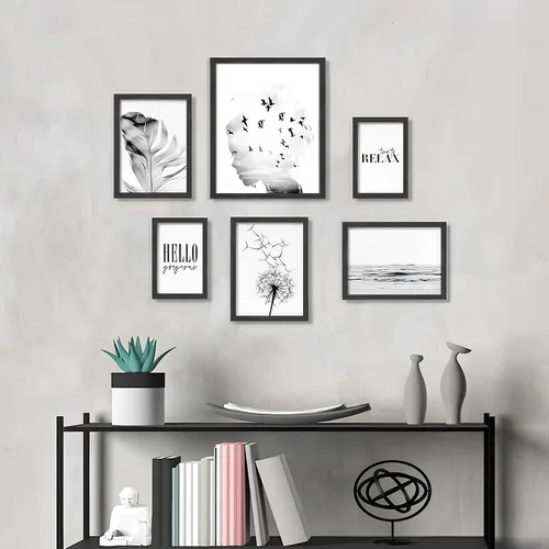 Vista 8 de ATOBART Portarretratos de madera negra de 4 x 6 pulgadas, paquete de 6 marcos de fotos de cristal Plexi para colgar en la pared y la mesa, juego de 6