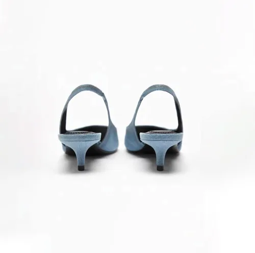 Vista 6 de WENOREG Zapatos de tacón puntiagudo para mujer, cómodos zapatos de tacón bajo de mezclilla, correa trasera elástica, sexy, sin cordones