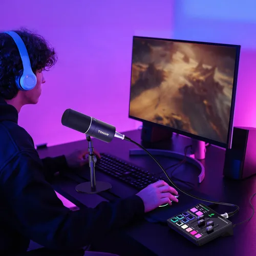 Vista 9 de TONOR Set de interfaz de audio y micrófono, paquete de equipo de podcast, mezclador de audio USB con RGB, micrófono dinámico XLR con calidad