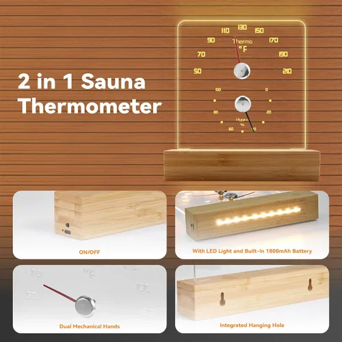 Vista 5 de Yofidra Termómetro de sauna 2 en 1 Fahrenheit Termómetro higrómetro con luz LED Accesorios de sauna para sala de sauna Hotel