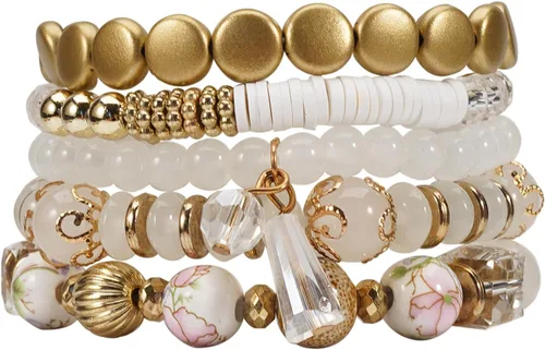 Vista 8 de 4 piezas de juego de pulseras bohemias apilables de múltiples capas con cuentas de cristal coloridas, pulseras elásticas con cuentas de oro Verde