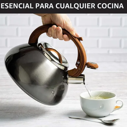 Vista 7 de Tetera silbante Primula Avalon, con boquilla silbante, con tapa de boquilla segura Acabado gris y madera