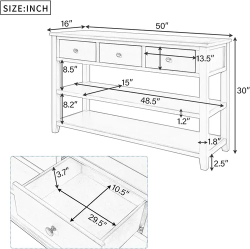 Vista 10 de Mesa consola retro con 3 cajones, mesa de entrada de madera maciza, mesa de sofá estrecha con estante, mesa de entrada estrecha, mesa de pasillo