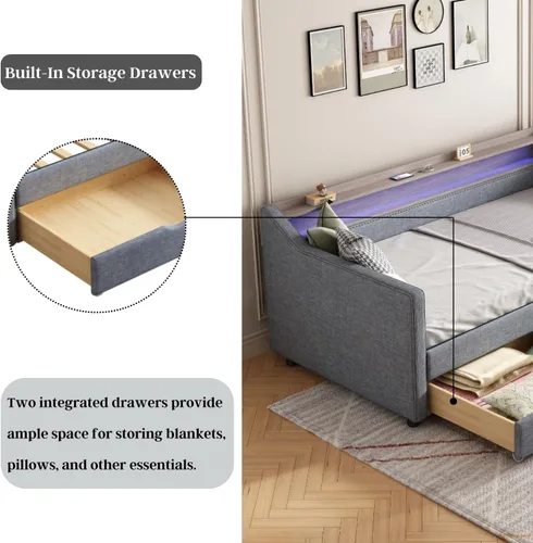 Vista 6 de Sofá cama individual con 2 cajones de almacenamiento, cama tapizada con LED y estación de carga USB para sala de estar, dormitorio, habitación