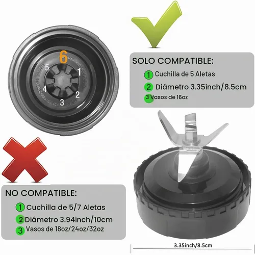 Vista 2 de Para Ninja Blender Blade Reemplazo BL660 6 Aletas Macho 3.35" Cuchilla, 16oz Vasos Blender Compatible con Nurti Ninja Blenders BL770 BL660 BL740