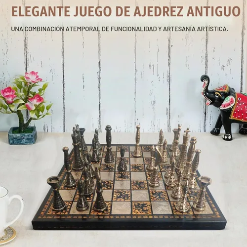 Vista 8 de Juego de ajedrez de metal coleccionable de latón tribal Warli Art en caja de almacenamiento de cuero. (12 x 12 pulgadas)