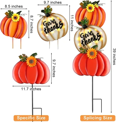 Vista 2 de Fovths 3 piezas de 3 piezas de decoración de otoño de metal para Acción de Gracias al aire libre, calabaza LED gigante, jardín, césped, patio