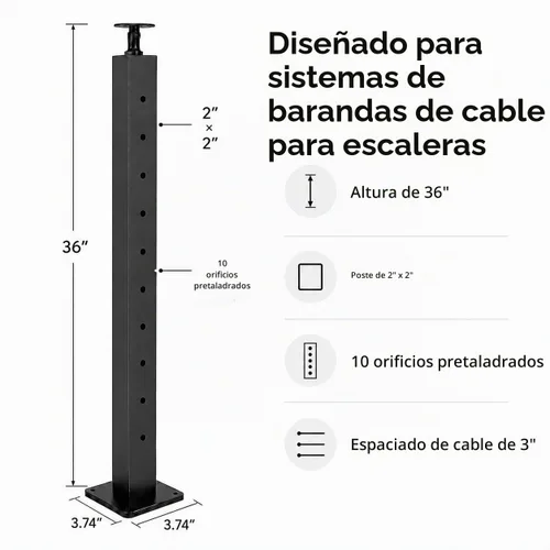 Vista 3 de Poste de barandilla de cable, 36 pulgadas, negro, 1 paquete (poste de esquina)