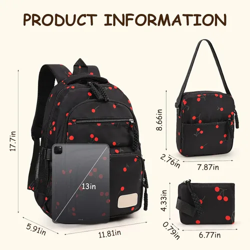 Vista 4 de Mochila con lazo para mujer, mochila kawaii de nailon coquette, juego de 3 piezas, linda mochila para computadora portátil universitaria, mochila