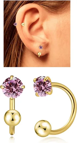 Vista 14 de Aretes Huggie de medio aro para mujeres y niñas, pequeños aretes de cartílago, aretes de botón con piedra natal para mujeres, aretes de botón